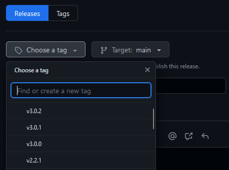 A screenshot of the Choose a tag dropdown in GitHub